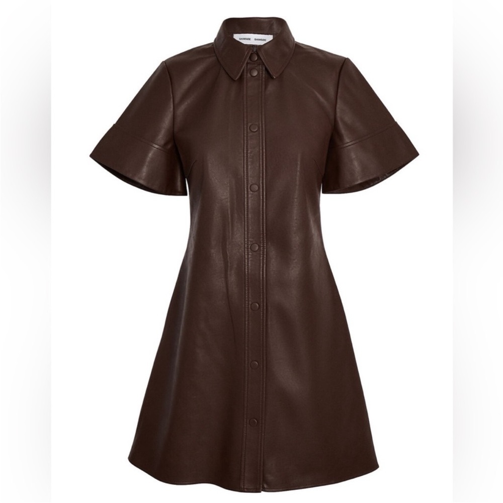 SAMSOE Chocolate Brown Leather A-Line Short Sleeve Dress Coat